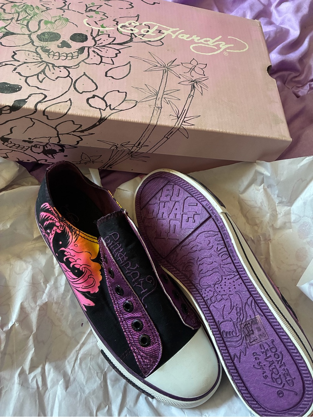 Ed Hardy Black Canvas Slip-Ons with Purple & Pink Graphic Accents vintage 2006